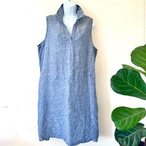 TAHARI 100% Linen Split Collar Knee Length Lagenlook Sheath Dress Blue Size 1X